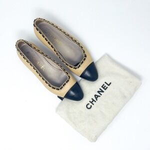 Vintage CHANEL Cap Toe Pointed Leather Chain Wrapped Flats Camel Black EU 37.5